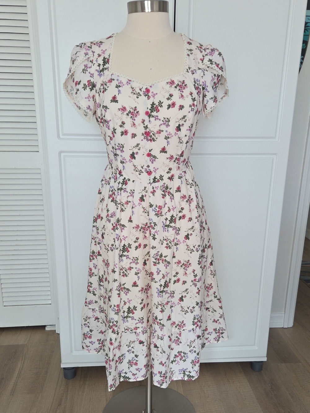 Allegra K Cream Midi Dress with Pink Floral Print